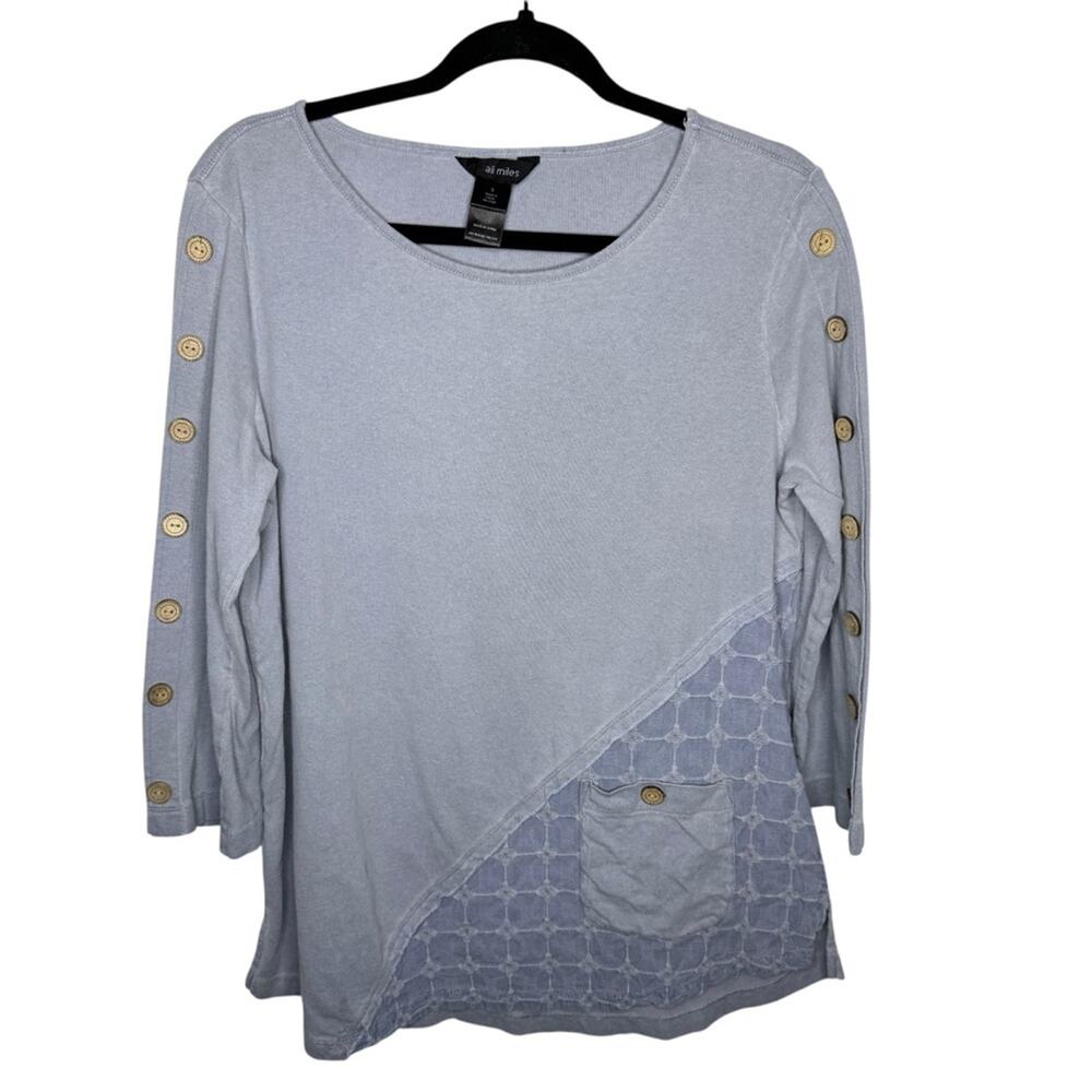 ALI MILES / gray blue mixed media lagenlook button long sleeve tee top / S